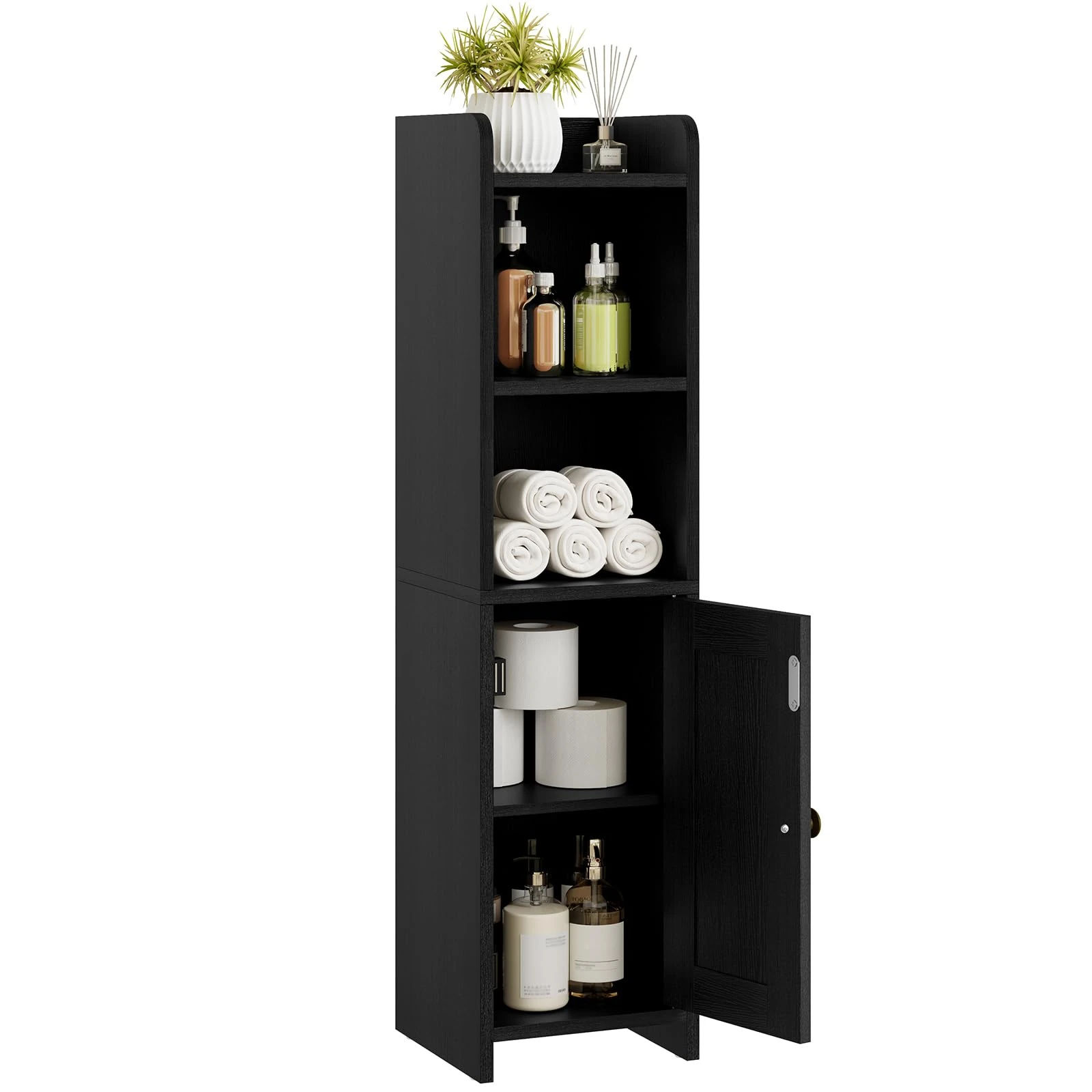 Lomojo Small Bathroom Storage Cabinet, Toilet CabinetFreestanding Bathroom Organizer for Small Spaces, Narrow Toilet Paper Corner Floor with Door and Shelves,Black