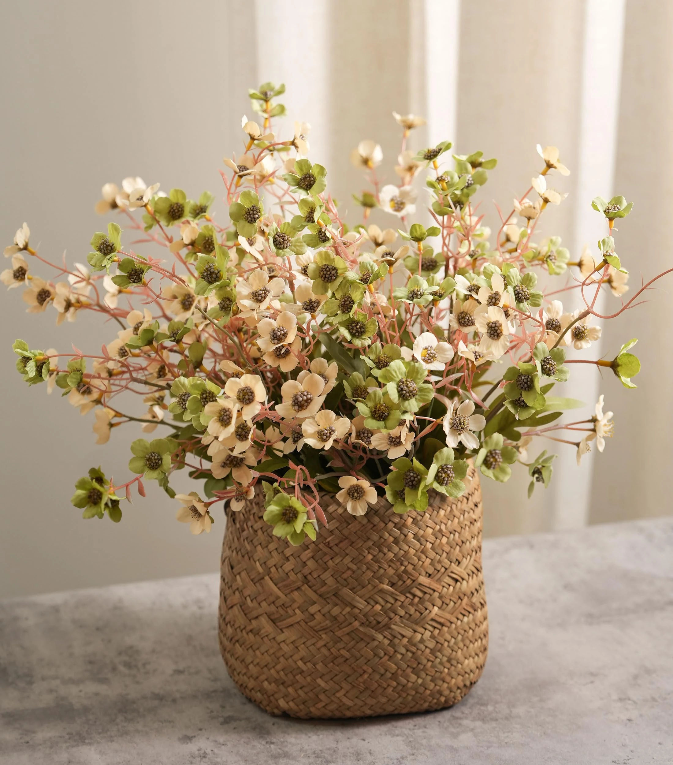 florisso Artificial Wild Flowers Indoor, 12 Pcs Long Stems Fake Flowers Silk Faux Flowers for Vase Filler Table Centerpiece Floral Arrangement Home Decor, Green Ivory