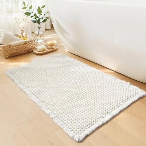 GRLYUH White Bathroom Rugs, Waffle Bath Mat Non Slip Washable, Super Absorbent & Quick Dry, Boho Bath Mat Farmhouse Bathroom Decor, 20'' x 32'', White