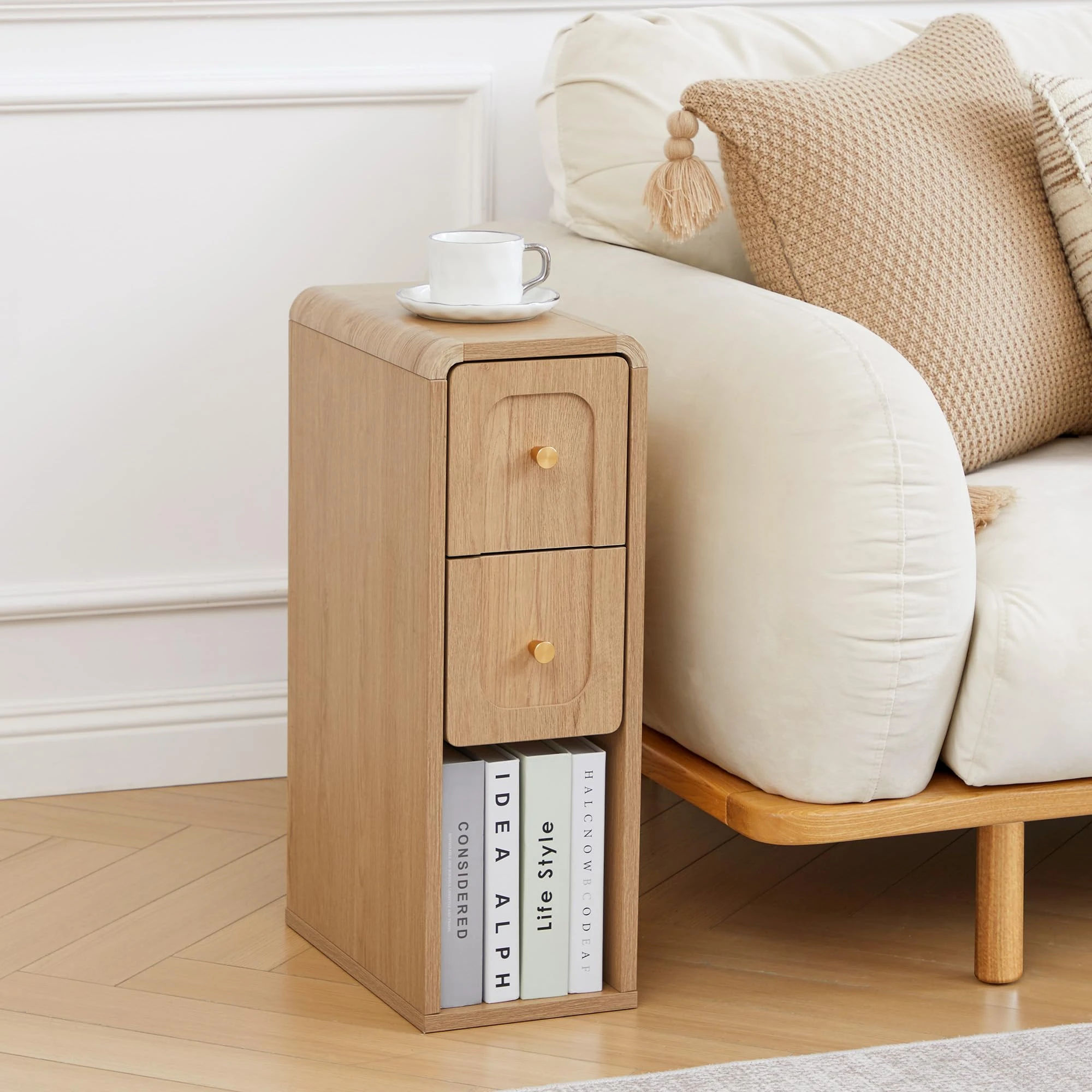 Narrow Nightstand with 2 Drawers, Small Bedside Tables, Mid-Century Modern Slim Night Stand with Storage, Wooden End Table for Small Spaces, Bedroom, Living Room (Natural-1PCS)
