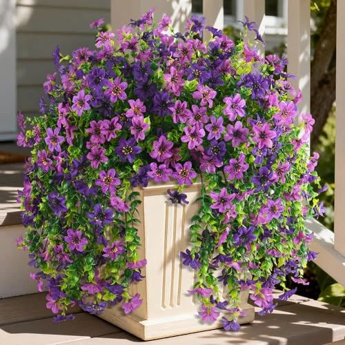 Artificial Flowers for Outdoors Faux Hanging Plants Spring Summer Decoration, 2 Pcs Fake Silk Floral Realistic Outside Flowers UV Resistant No Fade for Planter Pot Porch Patio Window Yard Decor