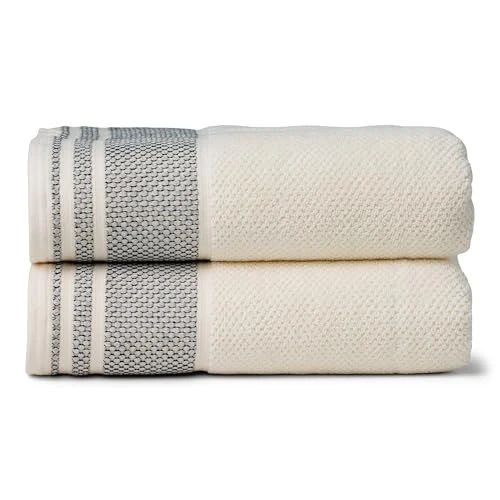 Texere 100% Organic Cotton Rice Weave Jacquard 700 GSM Luxury Bath Towel Sets - 2 Large Bath Towels (Rice Weave, Cream w/Blk, 2 Bath Towels)