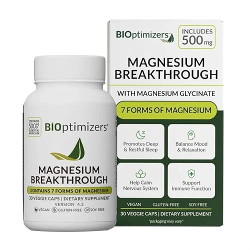 BIOptimizers Magnesium Breakthrough Supplement with 500mg - 7 Forms of Magnesium: Glycinate, Malate, Citrate, and More - Natural Support for Sleep and Cognitive Function -30 Capsules- Calming Vitamins