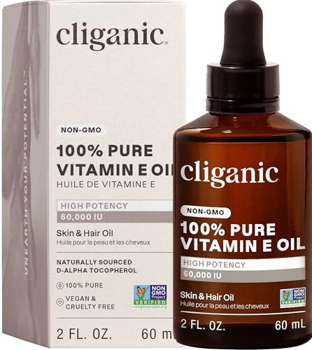 Cliganic Pure Vitamin E Oil for Skin, Scars, Hair & Face - 60,000 IU, Non-GMO Verified | Natural D-Alpha Tocopherol