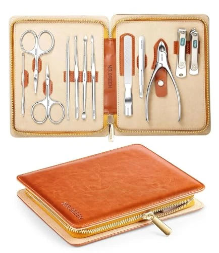 MR.GREEN 12-in-1 Manicure Set – Professional Nail Clipper Set, German Stainless Steel Manicure Tools for Fingernails & Toenails, Travel Nail Care Kit for Men & Women with Leather Case (Caramel Brown)