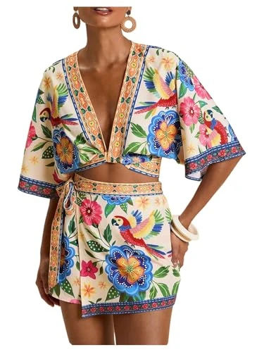MakeMeChic Women's 2 Piece Summer Sets Boho Floral Crop Tops Wrap Skirt Set Resortwear Vacation Outfits Multicolor Small