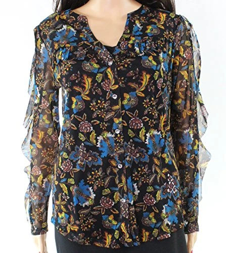 INC Blue Floral Print Ruffled Women Small Button Down Shirt Black S