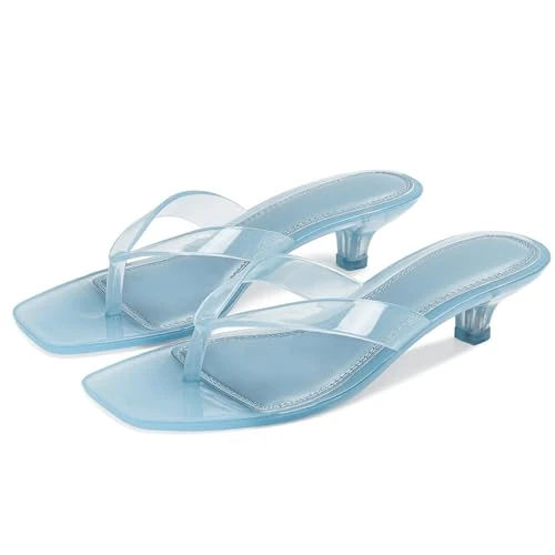 Dsevht Jelly Kitten Heel Sandals for Women Flip Flop Thong Cute Low Small Heel Clear Square Open Toe Summer Beach Slip On heeled sandal Mule Shoes