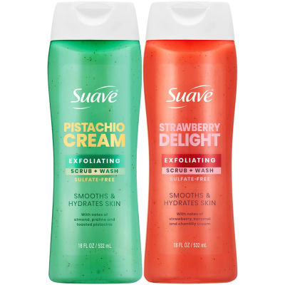 Suave Exfoliating Scrub + Wash Variety 2-Pack – Strawberry Delight & Pistachio Cream, Sulfate-Free Body Wash Set, 18 Oz Ea
