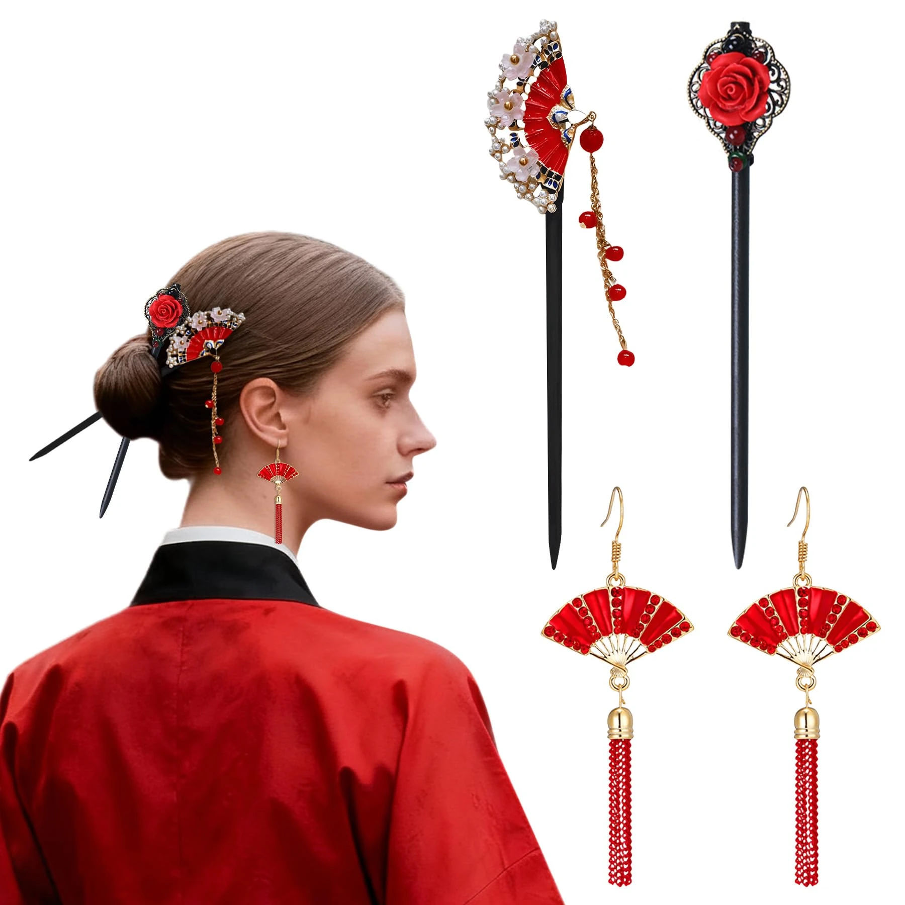 3PCS Chinese Wooden Hair Sticks Retro Wooden Hairpins Chinese Hair Accessories Japanese Classic Hair (Red)