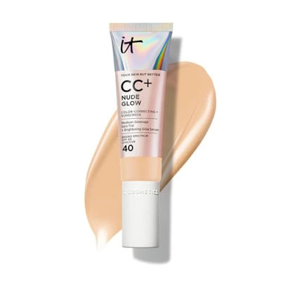 IT Cosmetics CC+ Nude Glow (Light Medium Warm) - Medium Coverage Foundation with SPF 40 & Brightening Glow Serum, Lightweight Skin Tint, 2% Niacinamide + Hyaluronic Acid, 24H Hydration - 1.08 fl oz