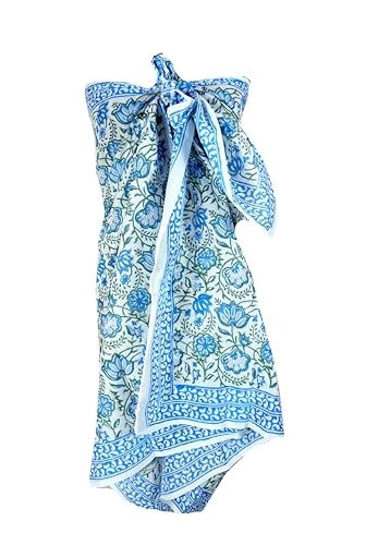Hand block floral print cotton scarf beach sarongs soft voile summer pario (sky blue, 44x74)