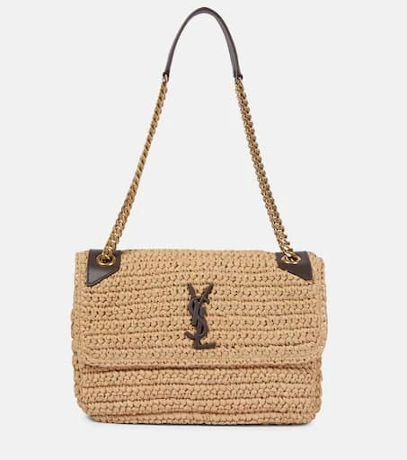 Niki Medium Leather Trimmed Raffia Shoulder Bag