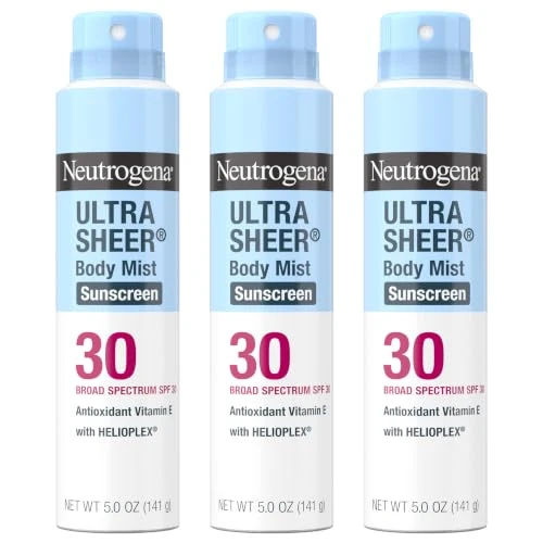 Neutrogena Ultra Sheer Sunscreen Spray SPF 30 Body Mist, Lightweight Non-Greasy Broad Spectrum UVA/UVB Protection, Non-Comedogenic Water Resistant Spray Sunscreen (80 min), Pack of 3, 5 oz