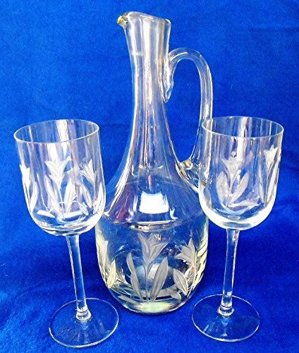 Crystal 11" 32 Oz Wine Decanter Pitcher with (2) 7-3/4" 8 Oz Wine Goblets with Tulip Etched Pattern