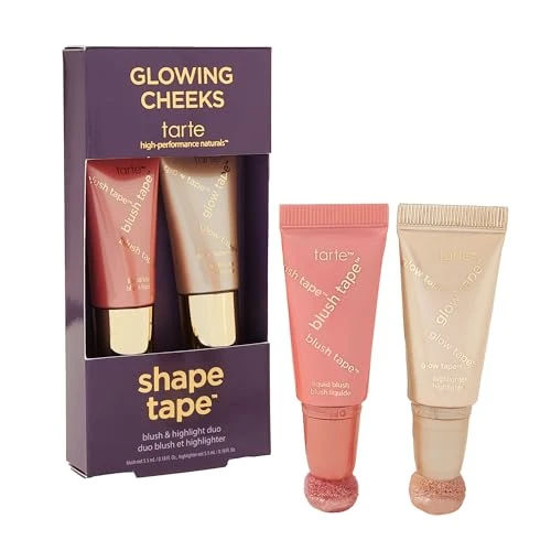 tarte glowing cheeks blush tape & glow tape duo – Buildable Cream Blush & Illuminating Highlighter with Shea Butter for Hydrating Radiance, Vegan & Cruelty-Free, travel size, pink & pearl glow