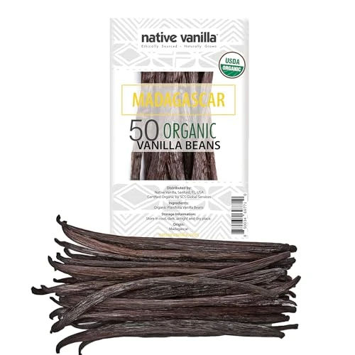50 Organic Madagascar Vanilla Beans - Whole Grade A Premium Bourbon Pods - For Making Extract & Baking - For Cooking, Desserts & More - 100% Vegan & Kosher - Non-GMO & Gluten-Free - Native Vanilla