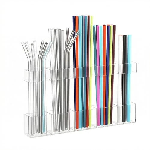 HSFTEC Straw Holder for Cabinet Door, Reusable Tumbler Straw Organizer Storage Container Mount for Kitchen Counter Cupboard Door (Transparent, 9.5inch)