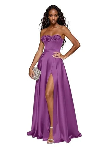 Purple Women's Strapless Satin Evening Gown with 3D Floral Appliques High Slit Formal Party Maxi Dress U12