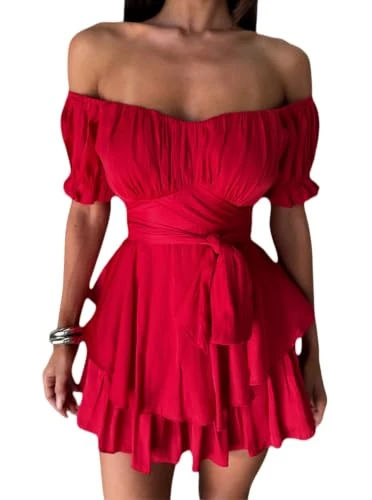 Off Shoulder Mini Dress for Women Casual Ruffle Wrap Short Dresses Red L