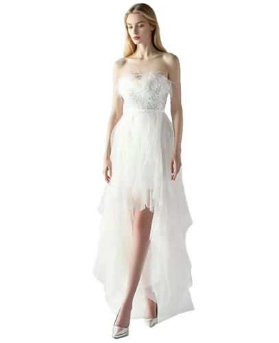taefgeg Sexy Women's Strapless Feather Sequin High Low Tulle Prom Dress Tiered Formal Cocktail Wedding Evening Party Gown2026 (US, Numeric, 6, Regular, Regular, Ivory)