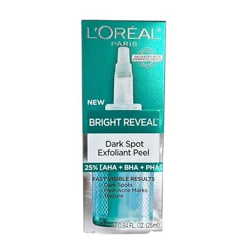 L'Oreal Paris Bright Reveal Dark Spot Exfoliant Peel, 25% AHA BHA PHA Face Exfoliator Solution, Gentle Skincare to Visibly Reduce Dark Spots and Renew Skin Texture, Includes SPF Lotion Sample