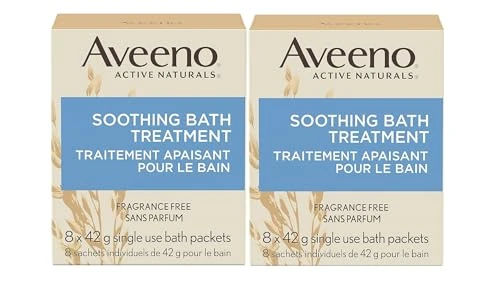Aveeno Fragrance Free Soothing Bath Treatment, 100% Natural Colloidal Oatmeal, Sensitive Skin Bath Soak for Relief of Dry, Itchy, Irritated Skin Due to Eczema & Hives, Bath Packets, 8 ct. (Pack of 2)