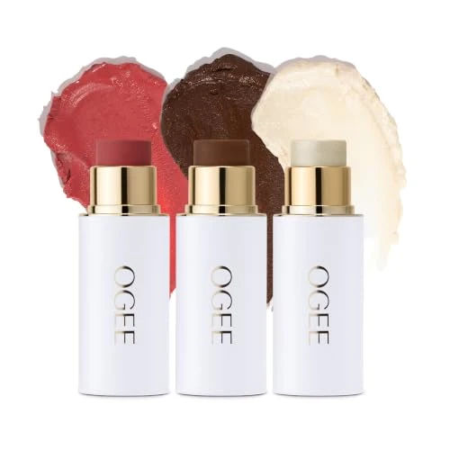 Ogee Face Stick Crystal Collection Trio - Contour Stick Makeup Collection - Certified Organic Contour Palette - Includes Bronzer Stick, Blush Stick & Highlighter Stick