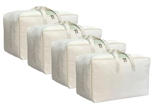 DoYiKe Soft Large Canvas Storage Bags with Zipper and Clear Window, Cotton Linen Storage Organizer for Pillows, Quilt, Blankets and Comforter, 80L, 4 Pack, Beige