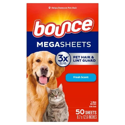 Bounce Pet Mega Dryer Sheet - 50ct: Bleach-Free, Fabric Softener, Fresh Scent