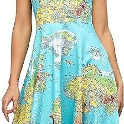 Fanient Womens World Map Print Dress Summer Fun Dress A Line Sleeveless Vintage Sundress M