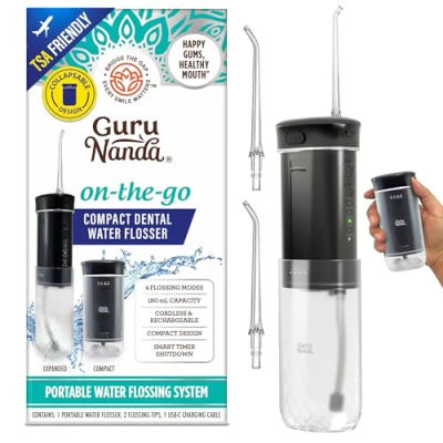 GuruNanda Mini Travel Water Flosser – Cordless Oral Irrigator with Collapsible 180ml Tank, 4 Modes, Smart Timer, IPX7 Waterproof, TSA-Friendly, Portable Flosser for Braces & Sensitive Gums, Black