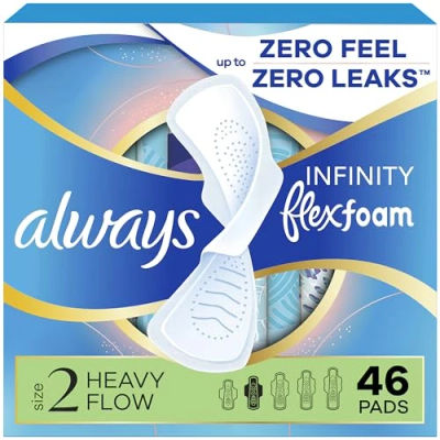 Always Infinity Feminine Pads for Women, Flexfoam Pads with Wings, Size 2, Heavy Absorbency, Unscented, 46 Count