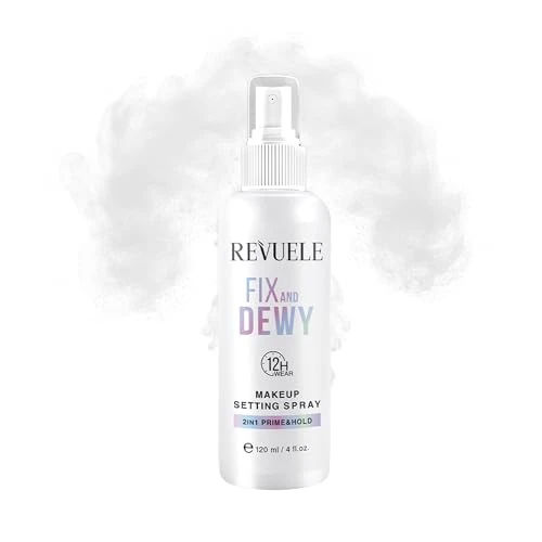 REVUELE Fix and Dewy Makeup Setting Spray – 2-in-1 Prime & Hold Mist with Hyaluronic Acid & Tara Gum, Long-Lasting Hydrating Finish 4 fl.oz