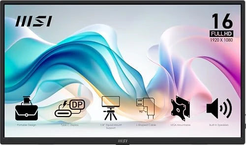 msi Pro MP165 E6 Ultra Slim & Light Portable Monitor,15.6" FHD IPS 1080p, USB Type-C, HDMI, Built-in Speakers, Tripod Mount Support, Perfect for PC, Mac, PS5, PS4, Xbox, Mobile, Metal Gray