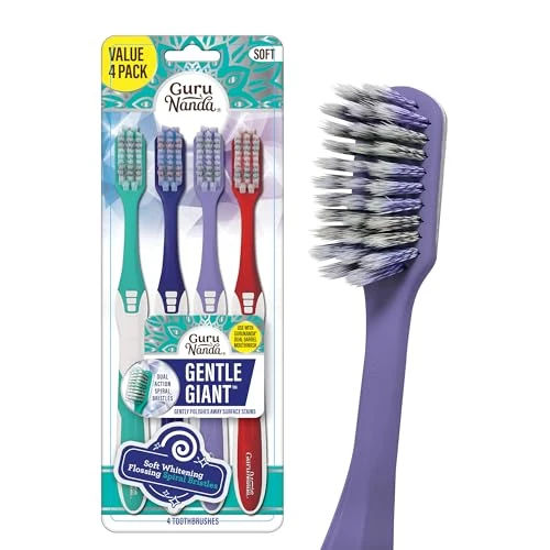 GuruNanda Gentle Giant Toothbrush with Dual Action Flossing Spiral Bristles, Non-Slip Ergo Dexa Grip, Helps in Teeth Whitening, BPA Free Manual Toothbrushes, Assorted Colors, 4 Count
