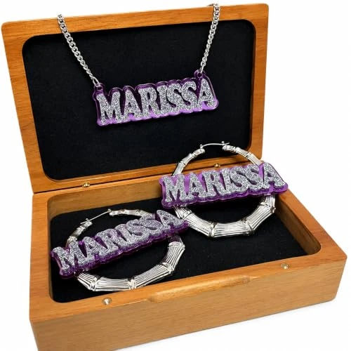 Custom Name Plate Jewelry Set | Personalized Name Necklace & Bamboo Hoop Earrings | 1.5", 2.5", or 3.5" Earring Size Choice | Gold or Silver | Glitter Block Letters | Background Color Options | Made in Connecticut, USA