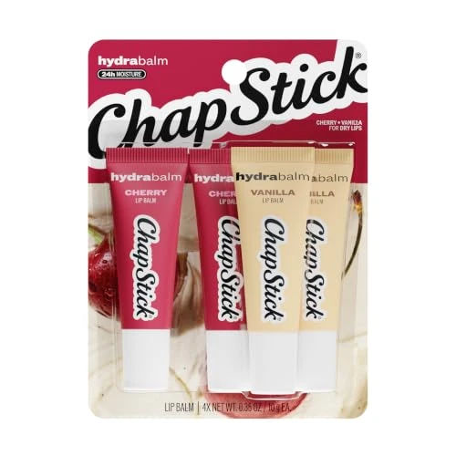 ChapStick HydraBalm Flavored Lip Balm Tubes, Cherry & Vanilla with Jojoba Oil & Shea Butter, 24 Hr Moisture, Hydrating for Dry, Chapped Lips, 4-Count Pack, 0.35 oz Each