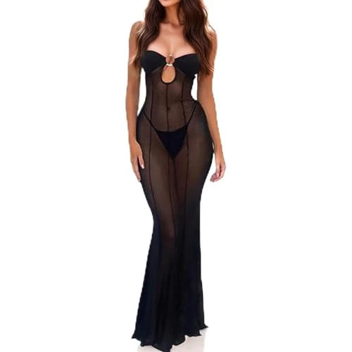 LINNSUJH Black Sheer Mesh Maxi Dress for Women Sexy See Through Strapless Bodycon Dresses