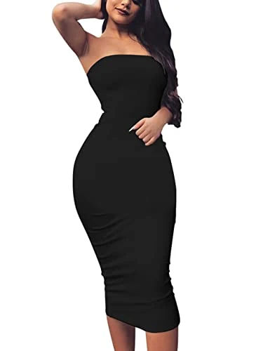 BORIFLORS Women's Sexy Bodycon Tube Top Party Club Midi Dress,L,Black