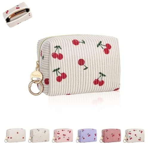 Playexen Mini Makeup Bag, Corduroy Small Cosmetic Bag for Purse, C-Beige