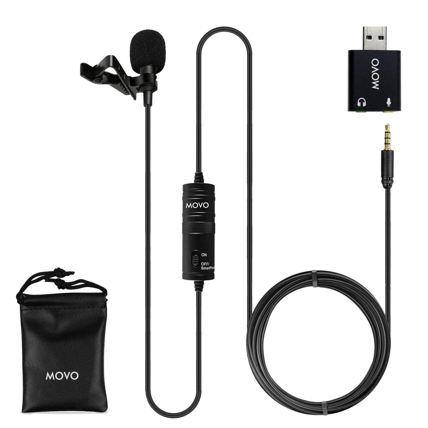Movo LV1-USB Lavalier Microphone for Camera, Lapel for iPhone and Android Smartphones, Body Lav