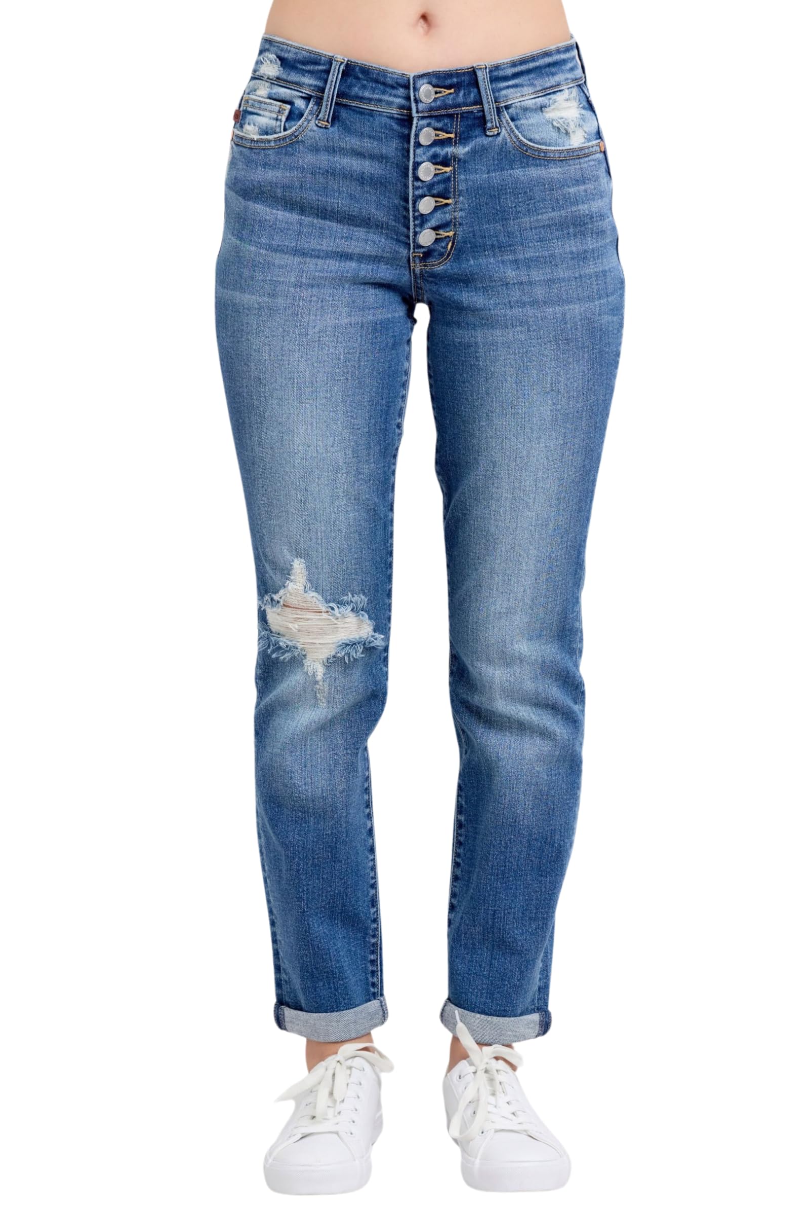 Judy Blue Mid Rise Button-Fly Boyfriend Jeans, Inseam 30"