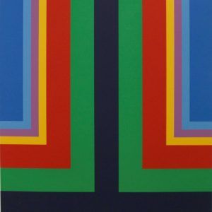 Untitled (T Form Geometric Construction in blues, lavender, yellow, red, green, and black)