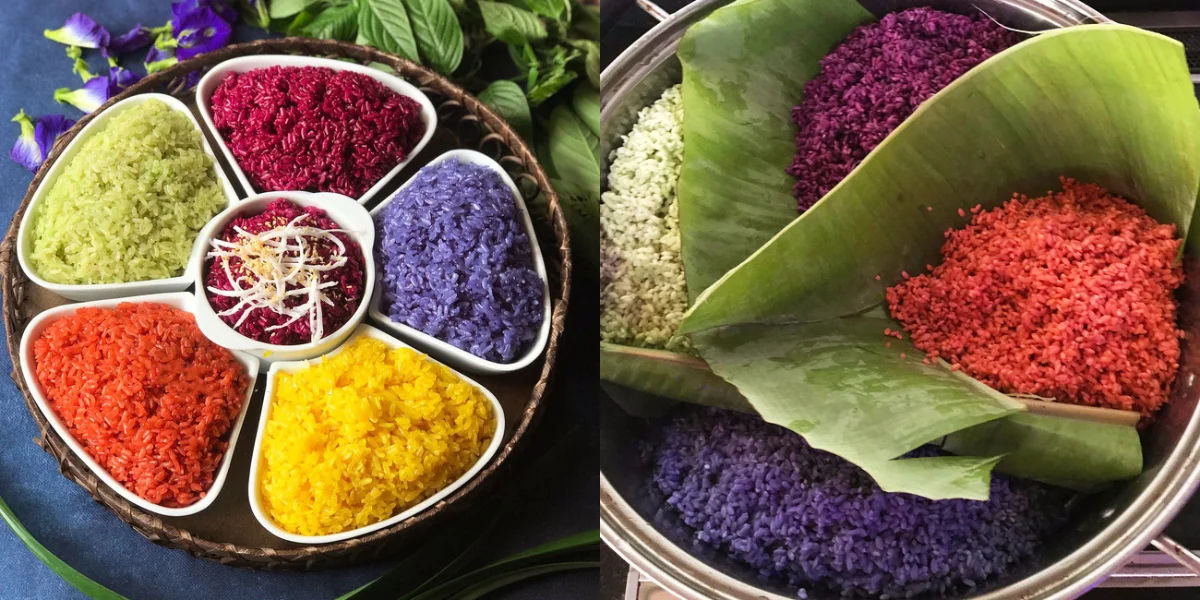 Xôi ngũ sắc được bày trí chia thành nhiều ngăn như cánh hoa