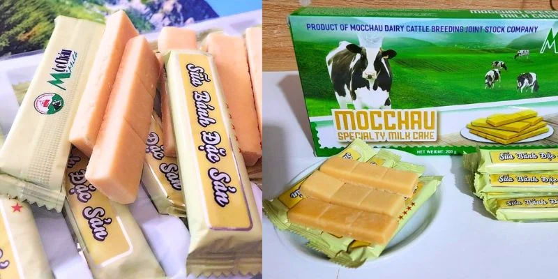 Moc Chau milk cake cut into small square pieces with soft texture