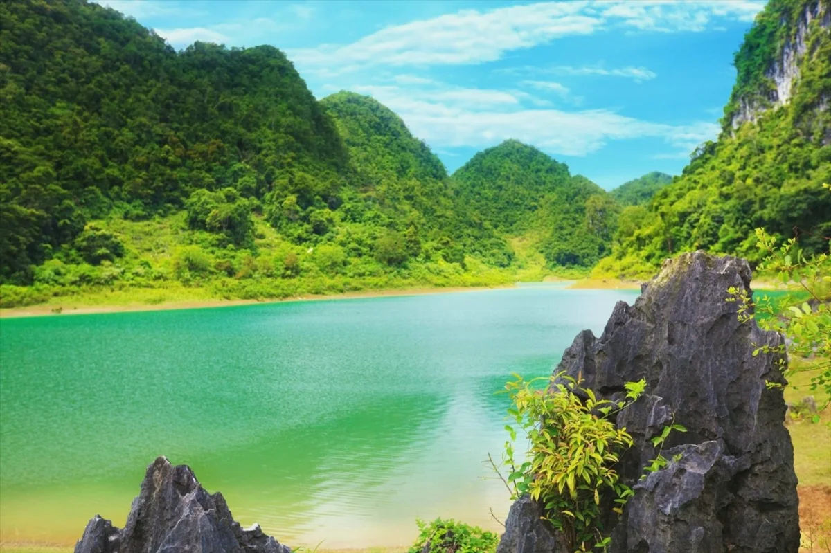 Fresh green scenery of Thang Hen Lake in Cao Bang during early morning
