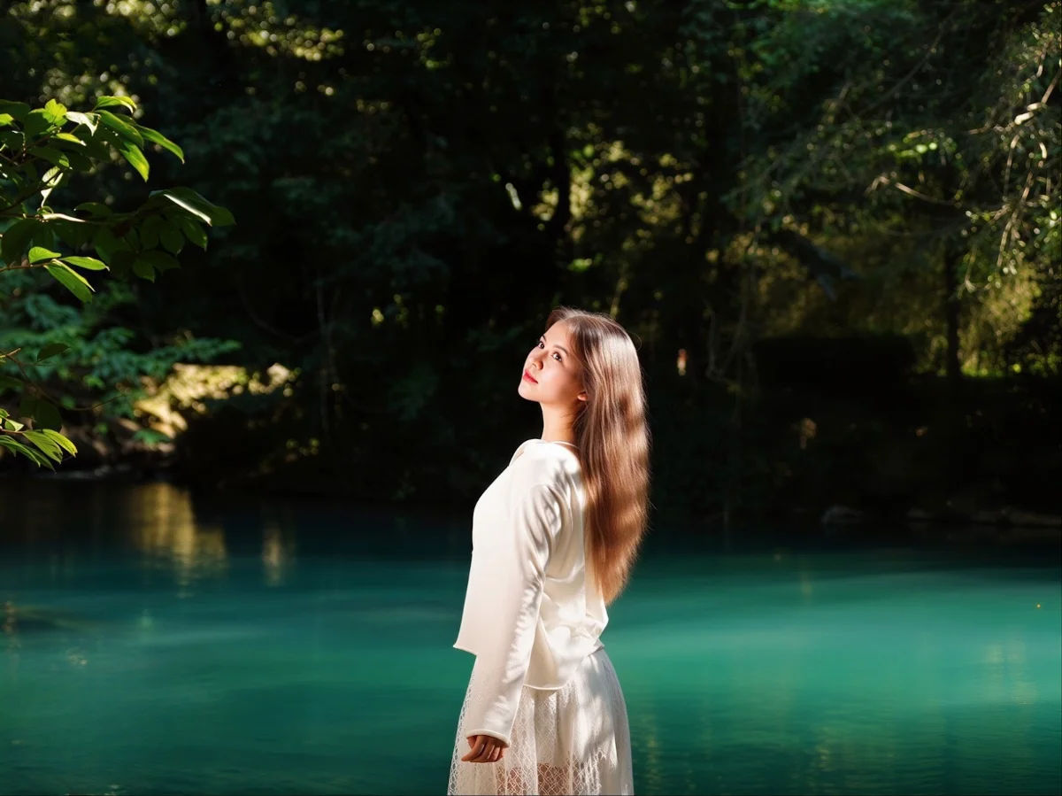 Check-in at Le Nin Stream with emerald water and sunlight filtering through trees