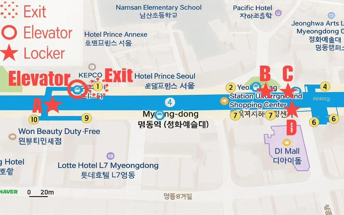 Map of Myeong-dong Station area in Seoul showing exits, elevators, and lockers marked in red icons.