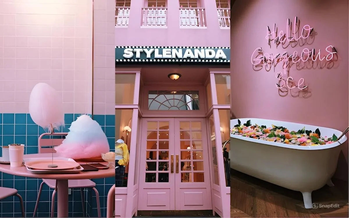Pastel pink Stylenanda space featuring a café, boutique, and floral decorative bathtub.